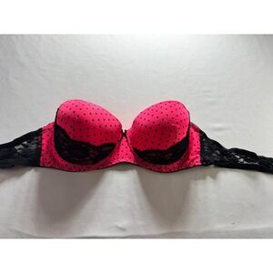 Neon Pink Black Polka Dot Push Up Bra Womens 40D Lace Trim Lingerie Top RN 93010